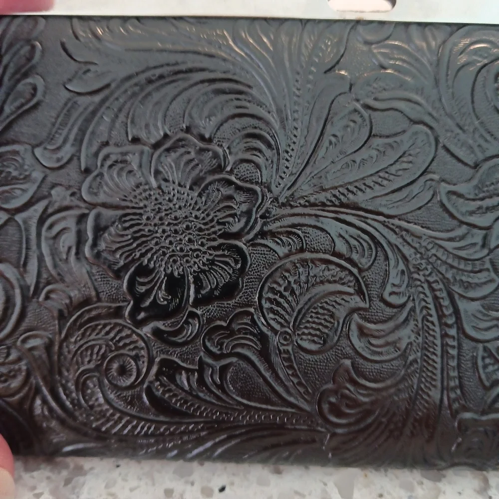 Womens Vegan Leather Wallet Embossed NWT Floral Black Wristlet Clutch Western